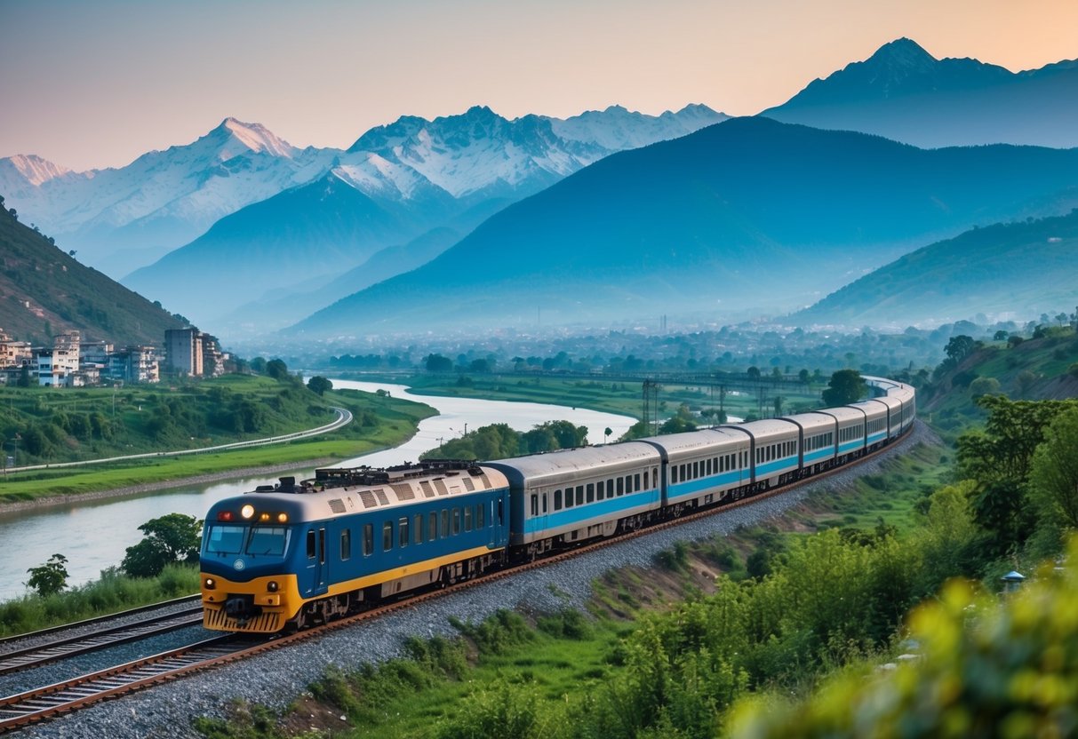 A scenic train journey from bustling Delhi to the serene landscapes of Srinagar, passing through lush valleys and snow-capped mountains