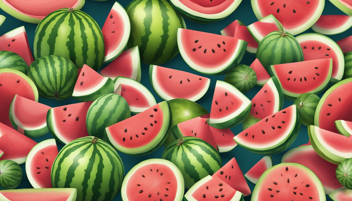 A variety of watermelons arranged in a chart, showcasing different shapes, sizes, and colors