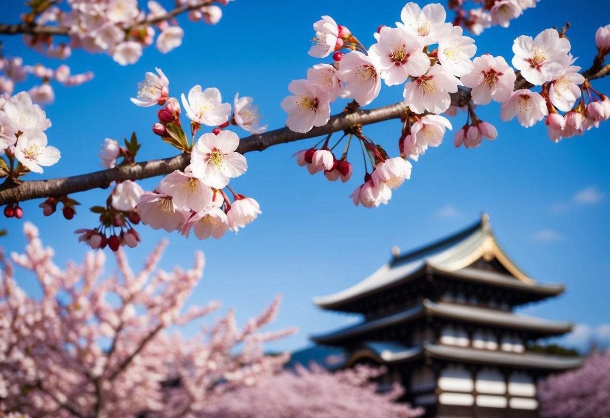 Cherry blossoms in full bloom under a clear blue sky with traditional Japanese architecture in the background