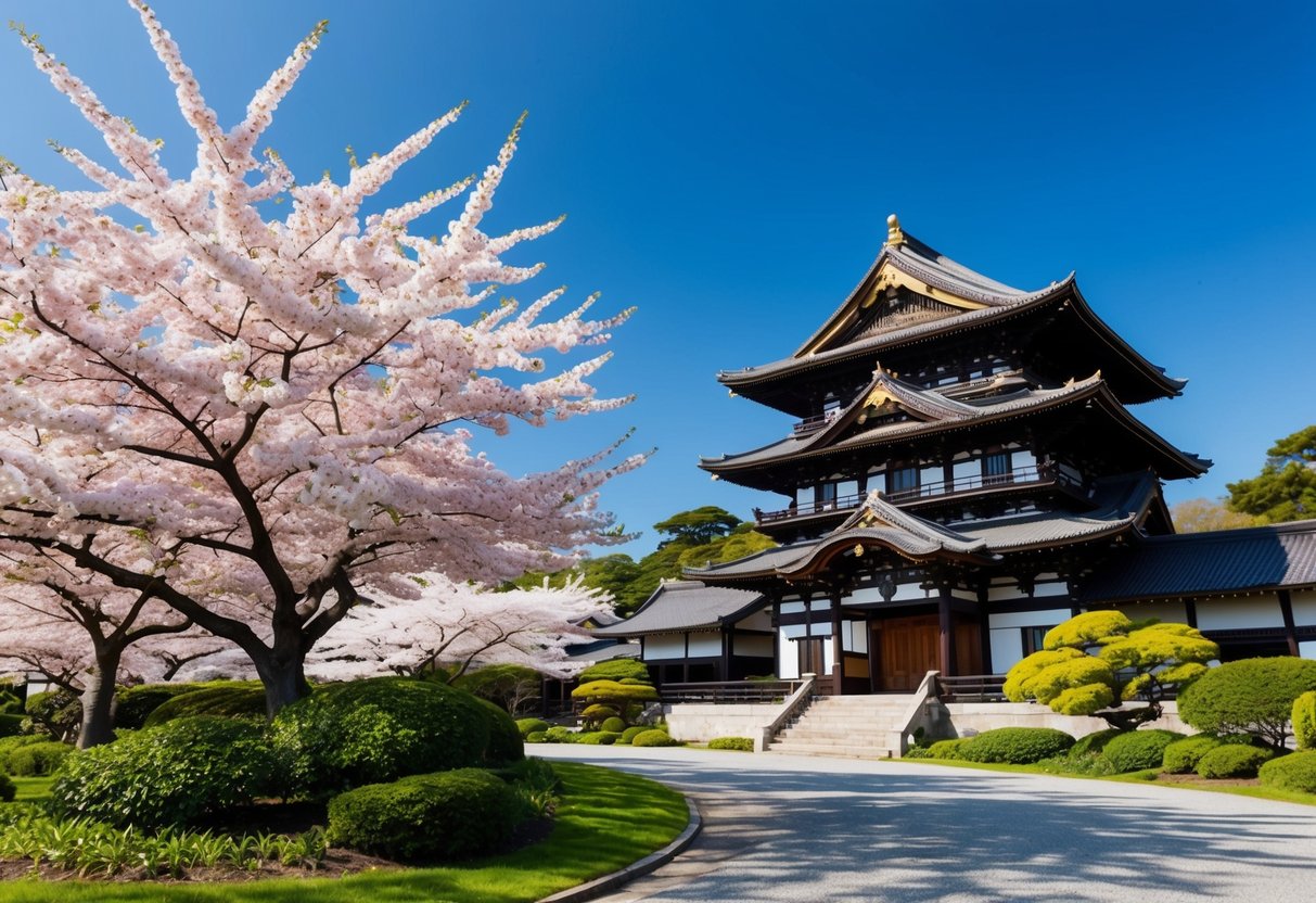 Cherry blossoms in full bloom, clear blue skies, and traditional Japanese architecture surrounded by lush greenery