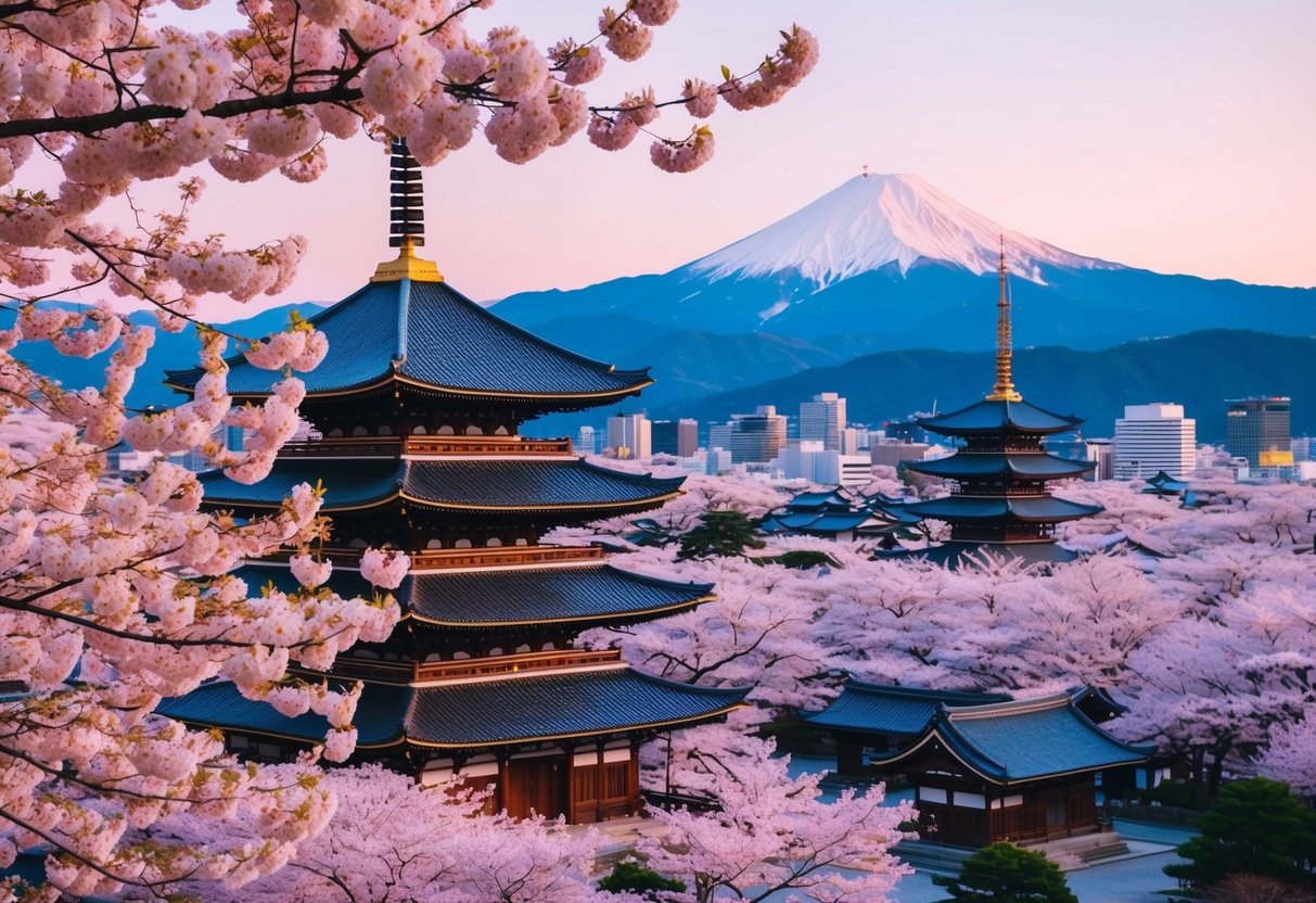 Cherry blossoms in full bloom, traditional temples, and snow-capped mountains in the distance, representing the best time to travel to Japan