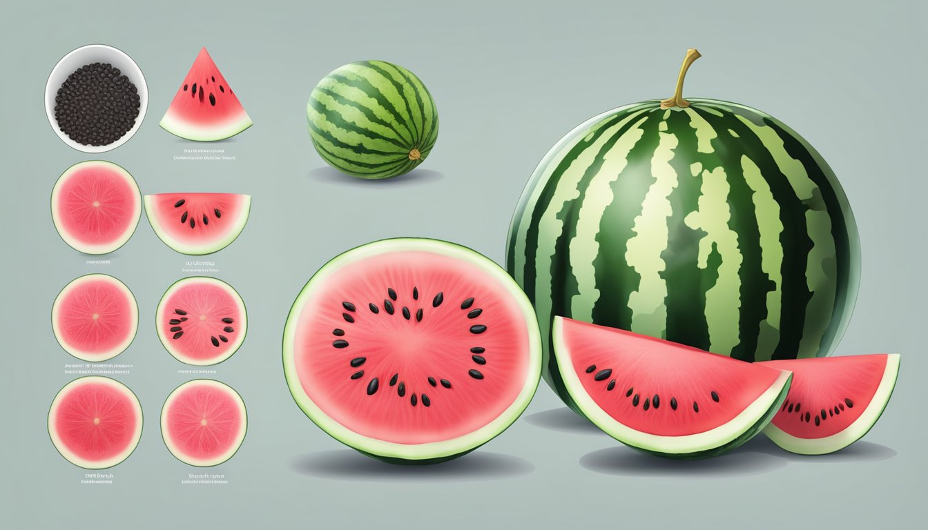 A watermelon cut in half, with vibrant pink flesh and black seeds. Juice drips from the edges onto a chart displaying the different parts of the fruit