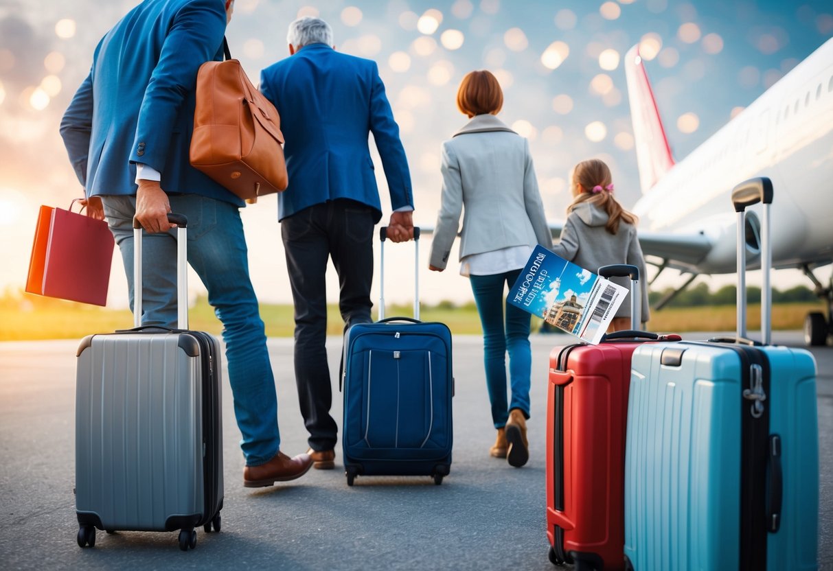 A family boarding a plane with luggage, passports, and a travel insurance brochure in hand