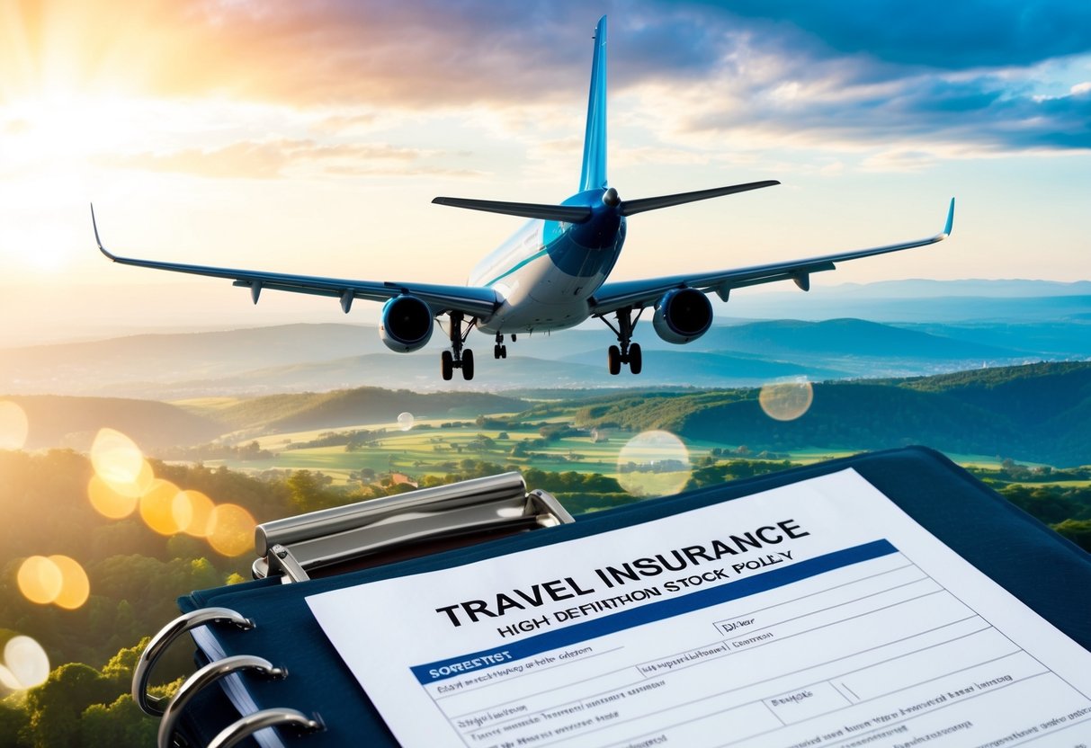 A plane flying over a scenic landscape with a travel insurance policy document in the foreground