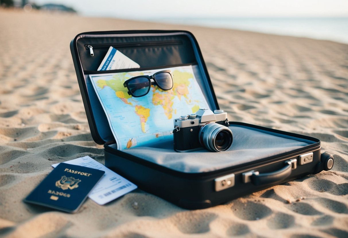 A suitcase open on a beach, with a camera, map, and sunglasses spilling out onto the sand. A passport and boarding pass peek out from a pocket