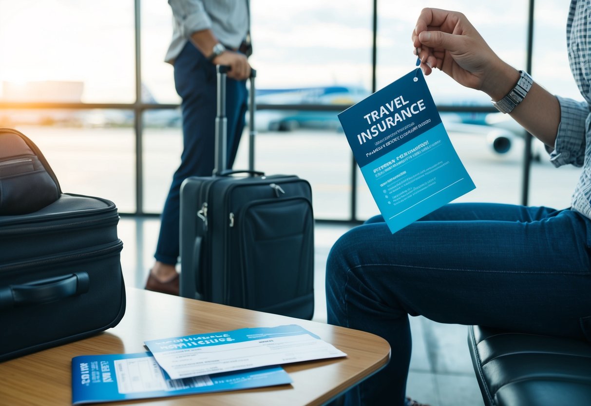 A traveler at the airport, weighing the options of purchasing travel insurance for a domestic flight. Baggage, boarding pass, and insurance brochure visible