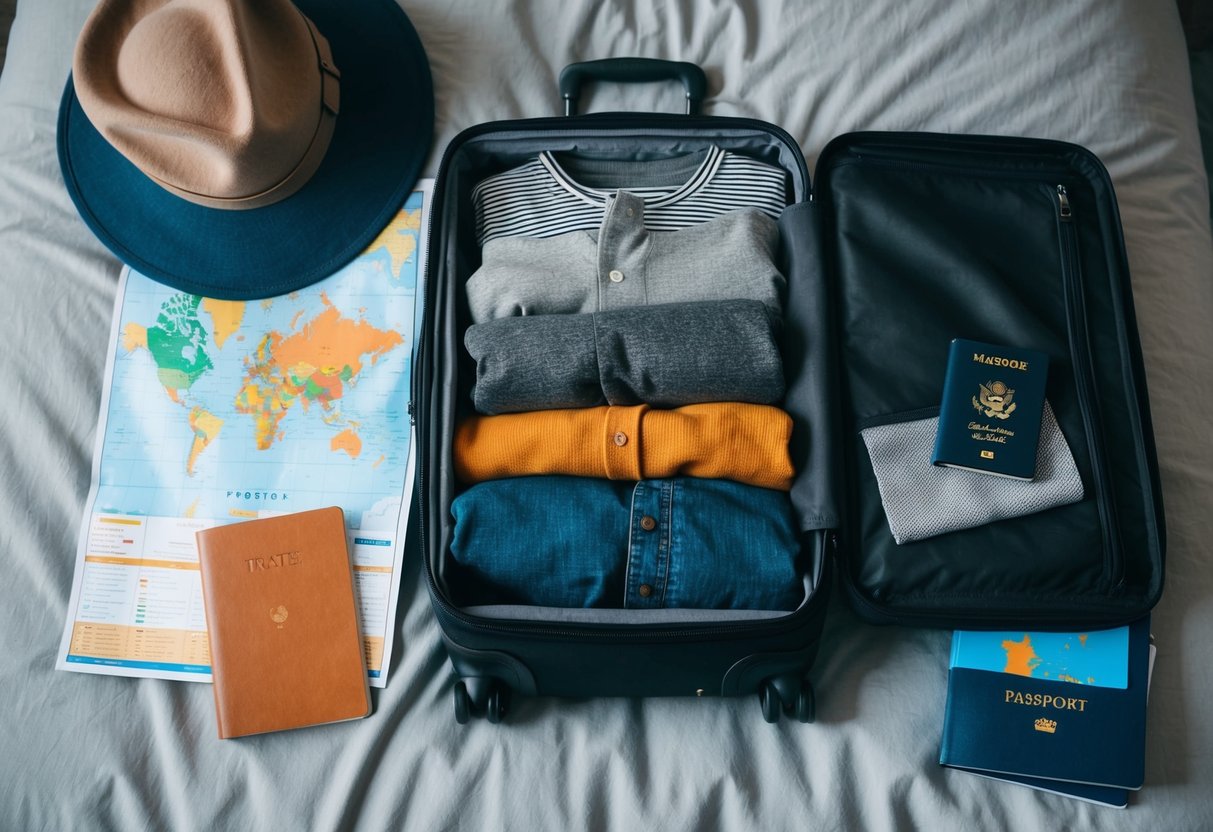 A suitcase filled with clothes and travel essentials laid out on a bed, surrounded by a map, guidebook, and passport