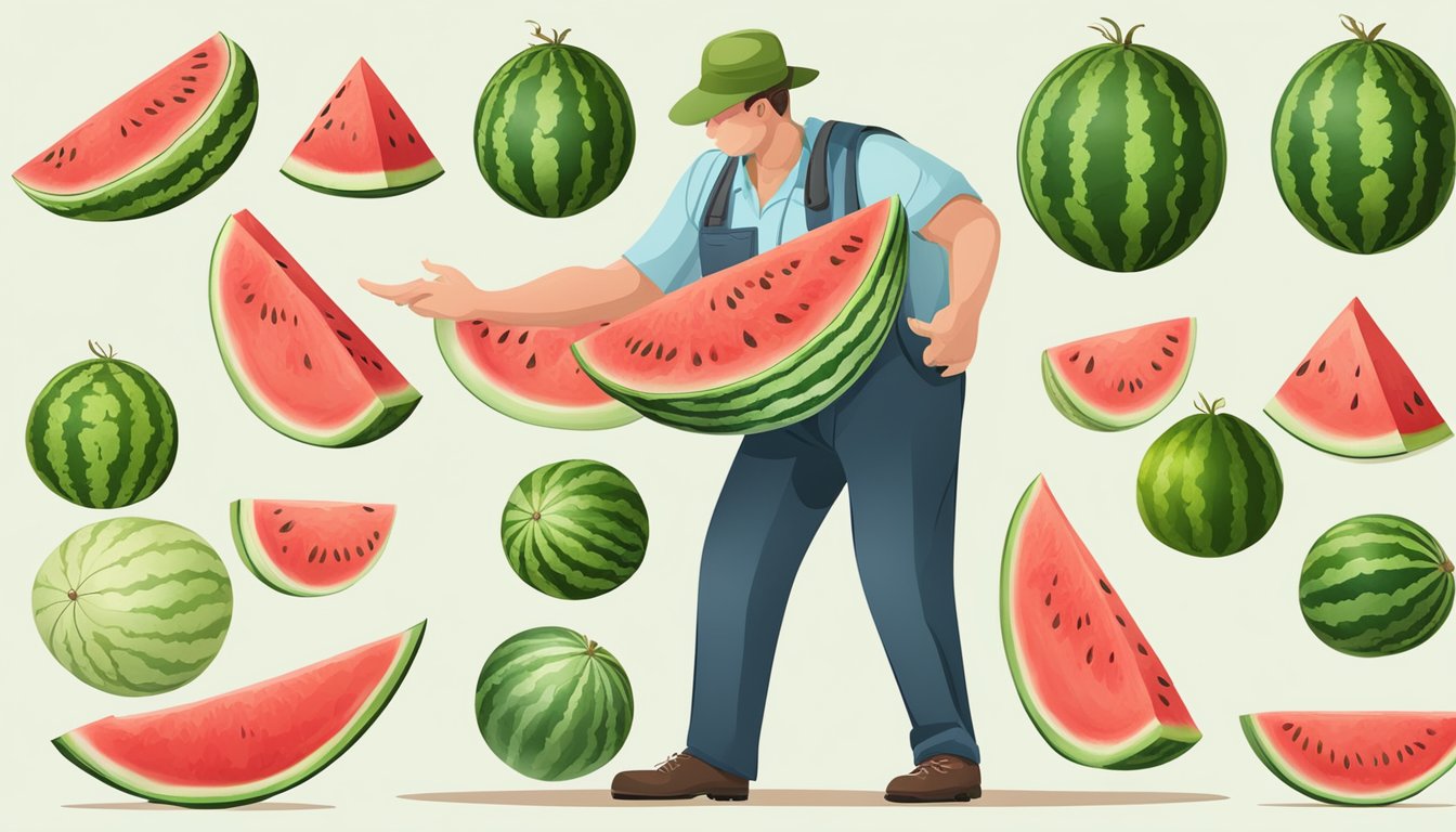 A watermelon expert examining a large chart with various watermelon varieties and their characteristics