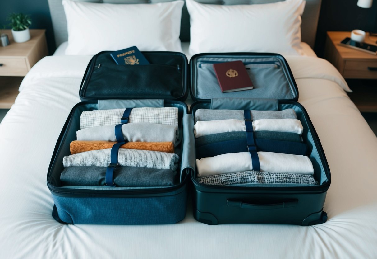 A suitcase open on a bed, filled with neatly folded clothes, toiletries, and a travel guide. A passport and plane tickets are tucked into the top pocket