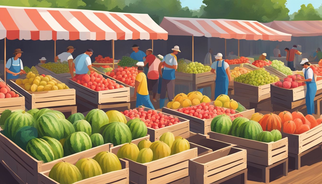 A bustling farmers' market with rows of vibrant watermelons stacked on wooden crates, customers carefully inspecting and tapping the fruit for ripeness