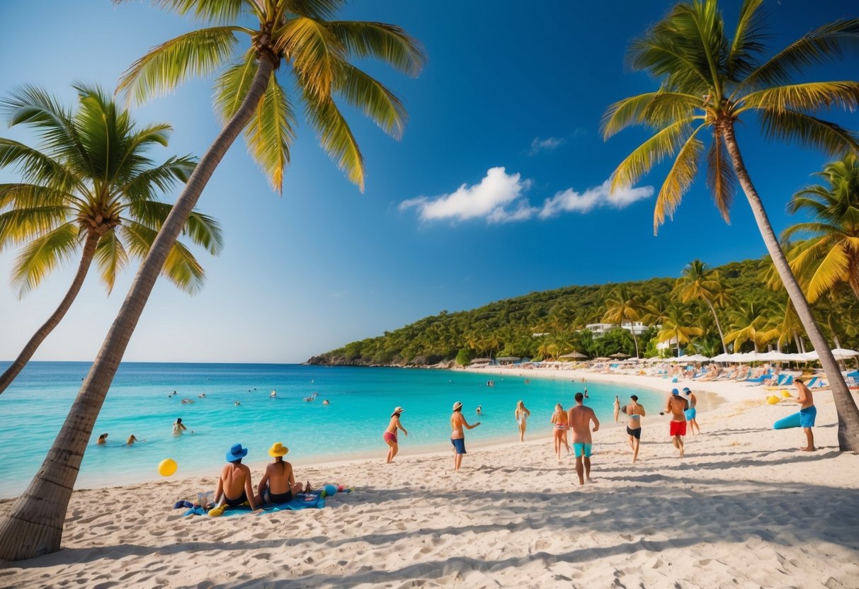 A vibrant beach with palm trees, clear blue water, and tourists enjoying activities like snorkeling, sunbathing, and beach volleyball