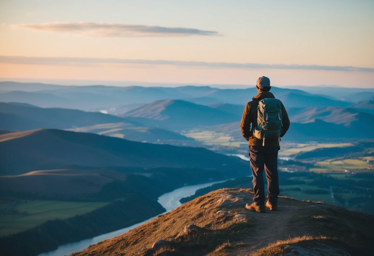 A traveler standing on a mountain peak, gazing at a vast, serene landscape with rolling hills and a winding river below