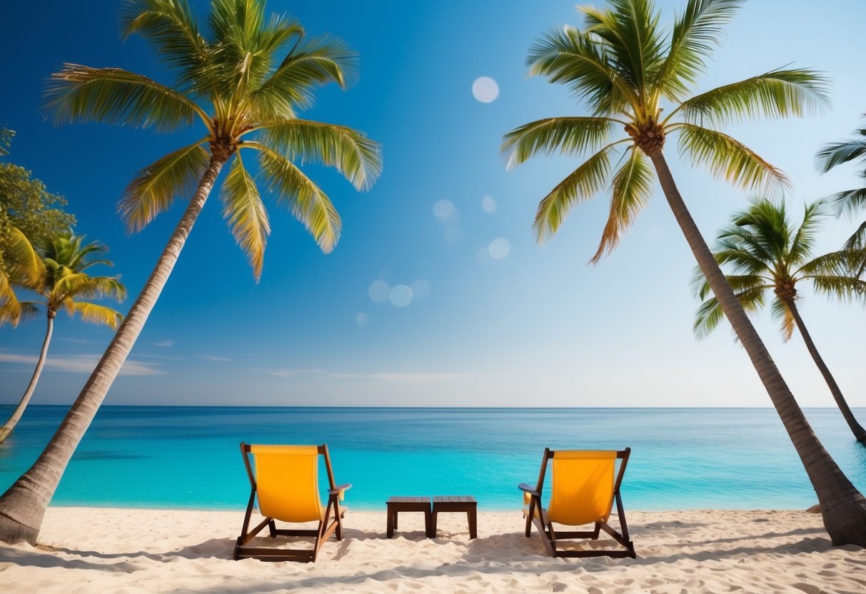 A serene beach with palm trees, clear blue water, and a couple of beach chairs facing the ocean, symbolizing relaxation and stress relief from travel and tourism