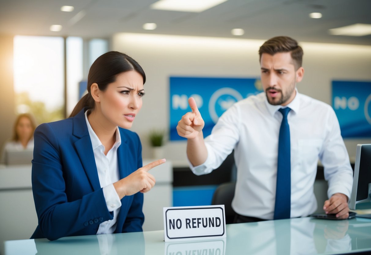 An angry customer at a travel agency counter, pointing at a "no refund" sign while the agent shakes their head