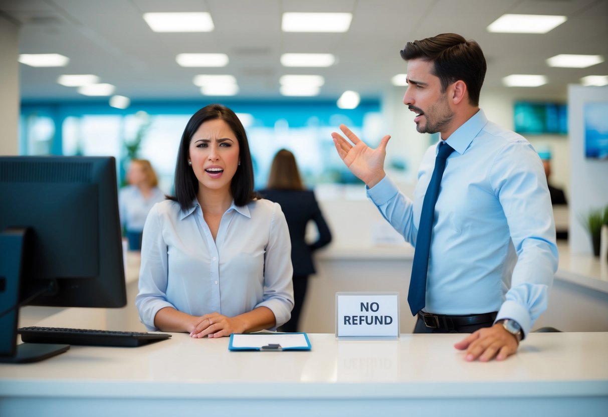 A frustrated customer standing at a travel agency counter, while the agent shakes their head and gestures towards a "no refund" sign