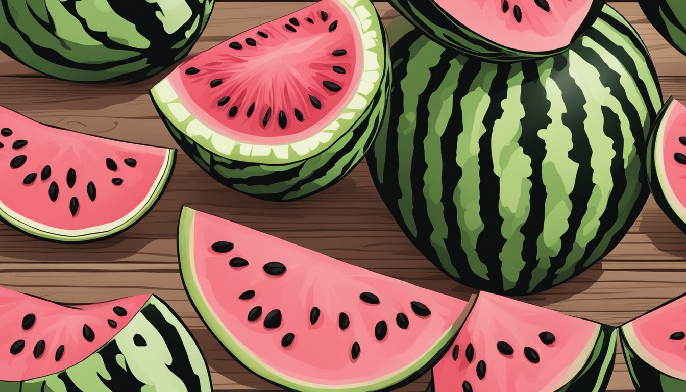 A variety of watermelons displayed on a wooden table, with one cut open to show the vibrant pink flesh and black seeds