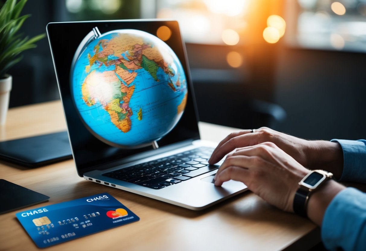 A traveler researching destinations with a globe, laptop, and Chase credit card on a desk