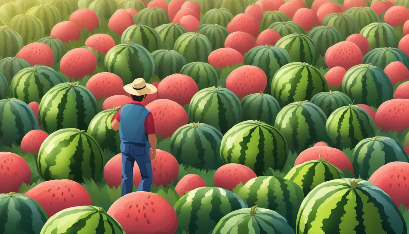 A watermelon patch with ripe fruits. A farmer inspecting the watermelons, choosing the best one