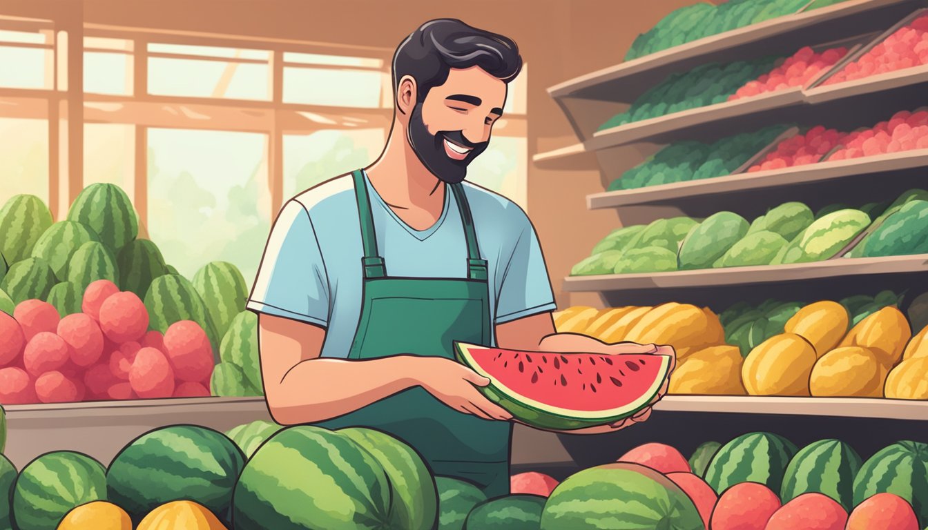 A person holding a watermelon, tapping it, and smiling as they pick out the perfect one