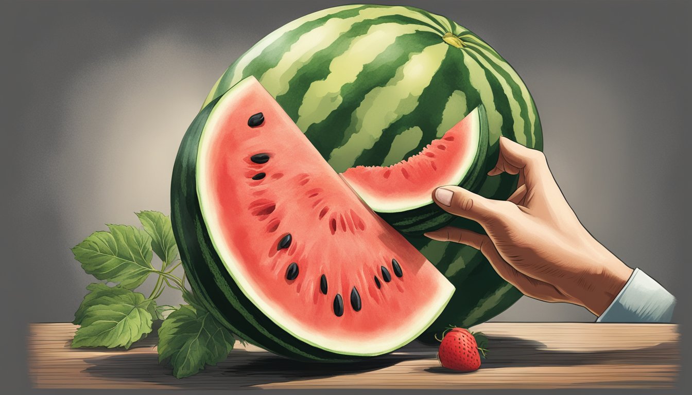 A hand reaching for a watermelon, using a tapping and listening technique to determine ripeness