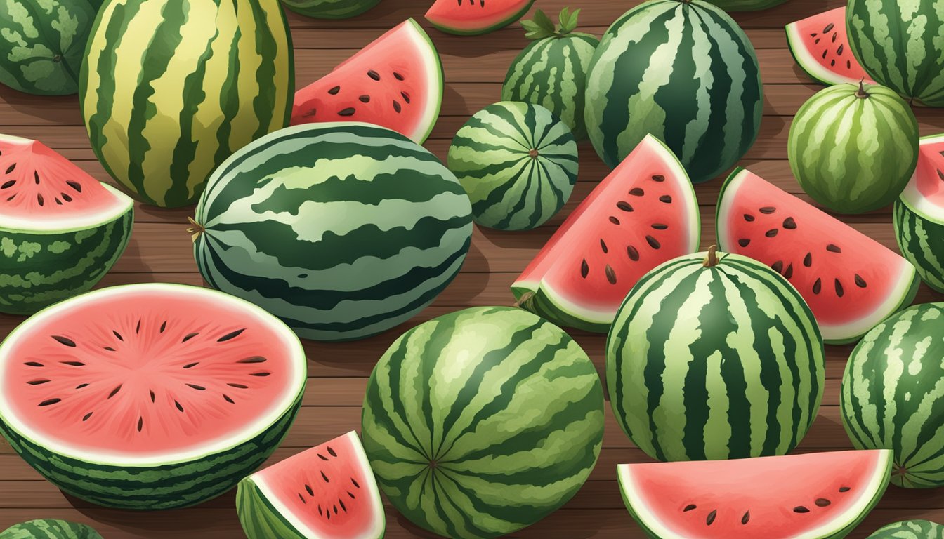 A colorful array of specialty and heirloom watermelons, varying in size, shape, and color, displayed on a wooden table at a farmers' market