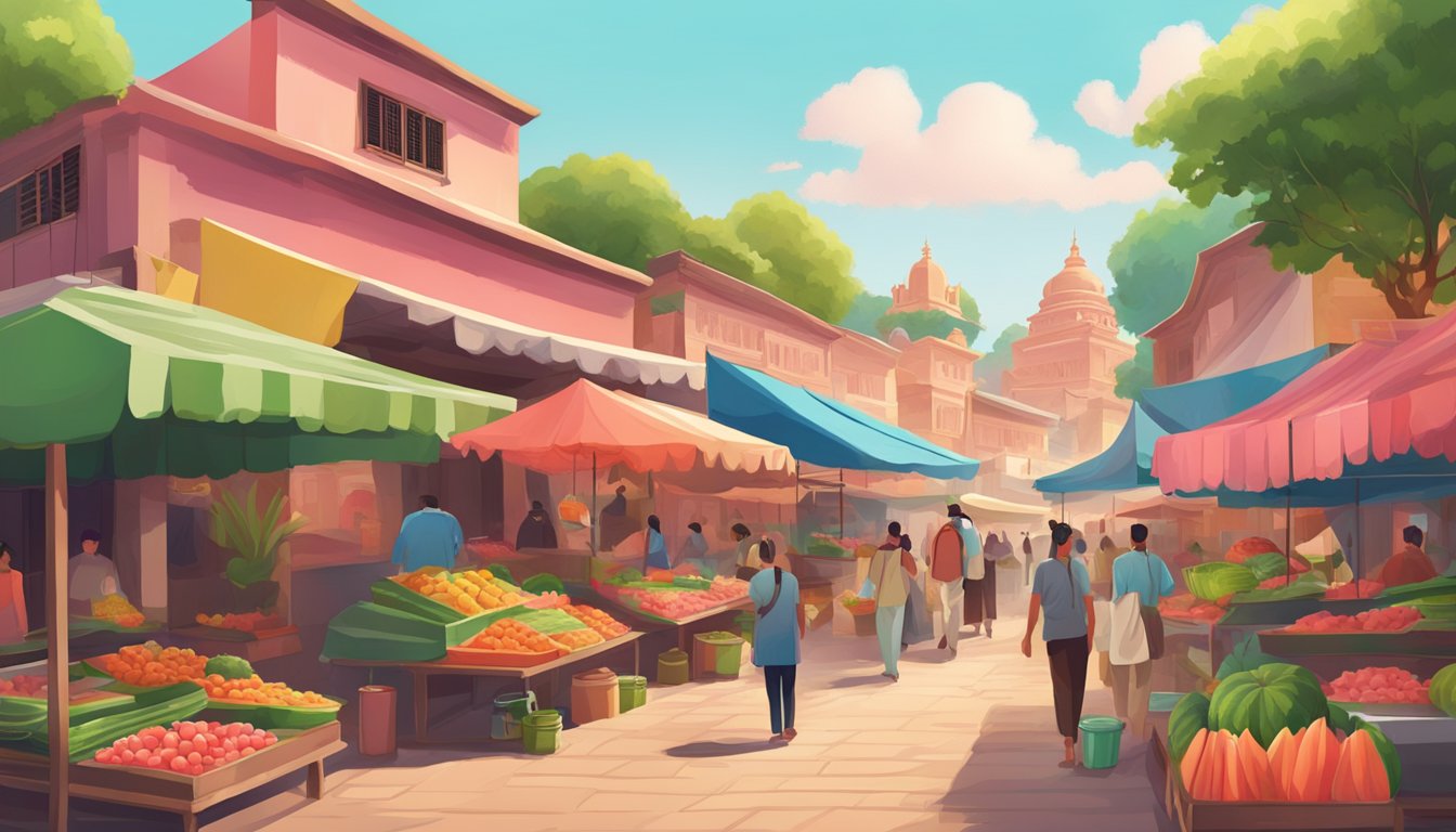 A vibrant marketplace with watermelon-colored buildings and traditional cultural motifs