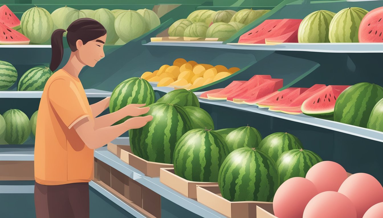 A person selecting and storing watermelons of different types in a market or grocery store