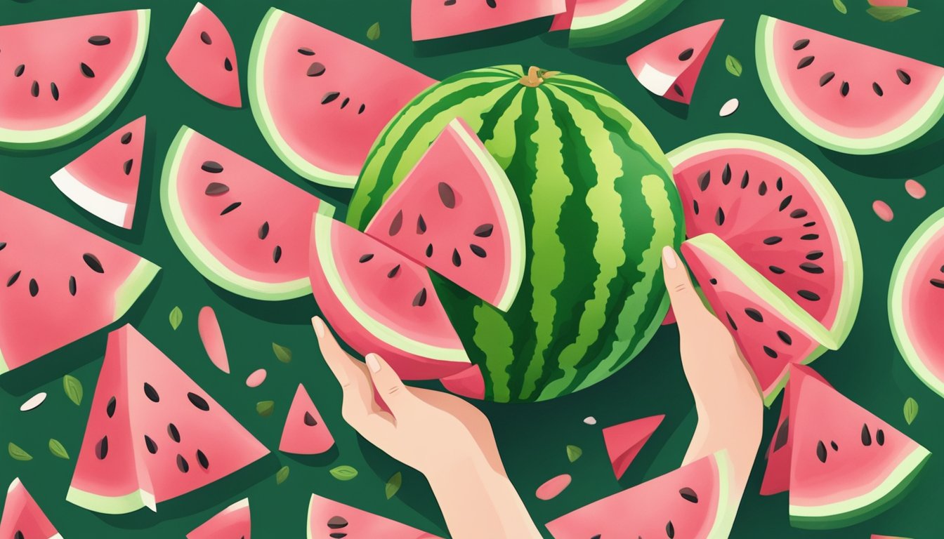 A hand reaching for a ripe watermelon, surrounded by various shades of green and pink, with seeds scattered on a cutting board