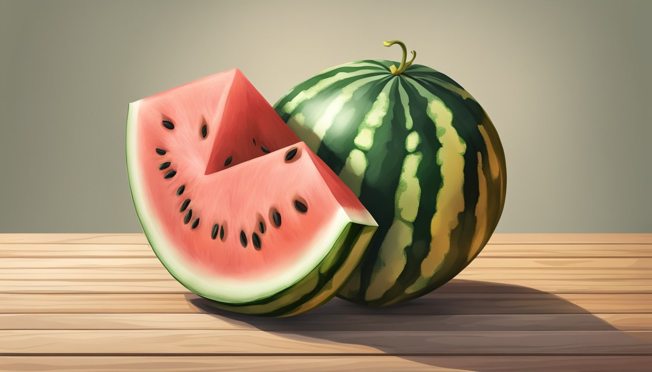 A ripe watermelon sits on a wooden table. Its skin is dark green with yellow patches, and it emits a sweet, fruity aroma