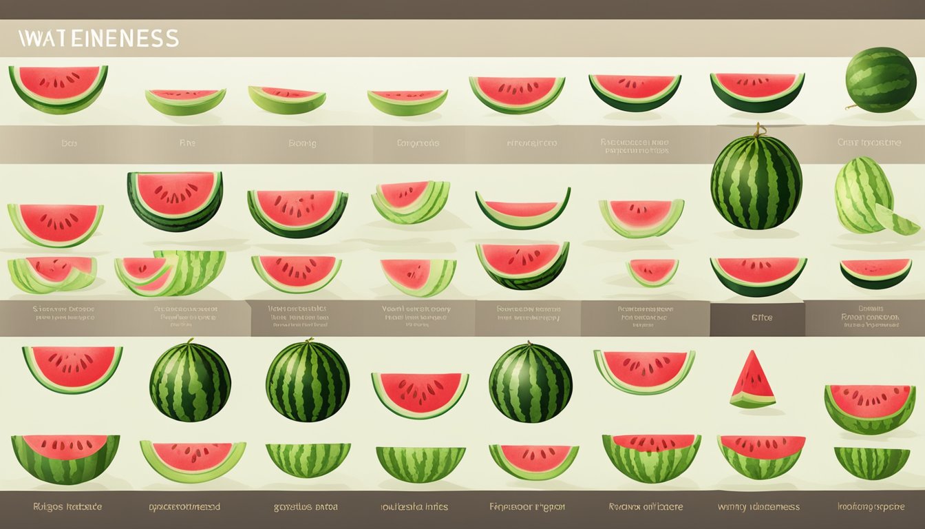 A watermelon ripeness chart with various stages of ripeness depicted through color and texture