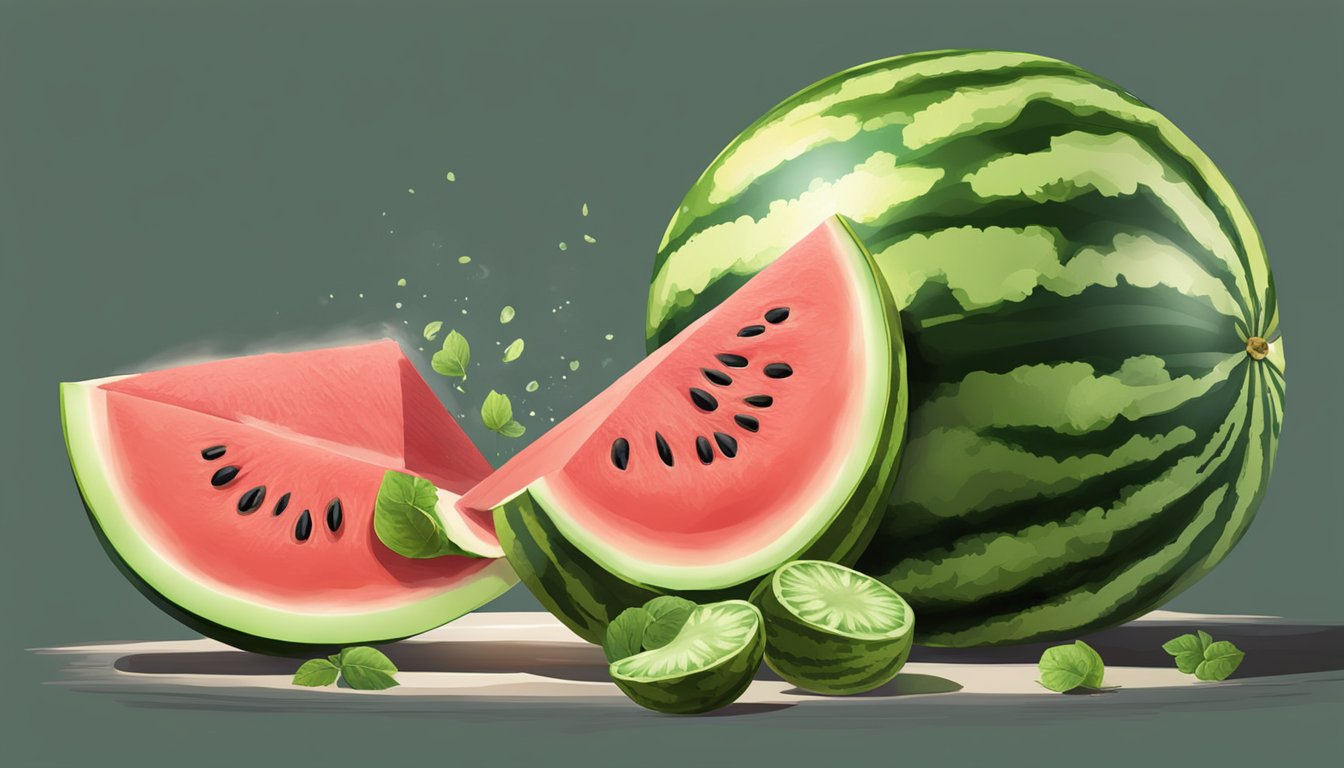 A watermelon being sliced open, releasing a sweet aroma and a juicy sound as it is being tested for ripeness