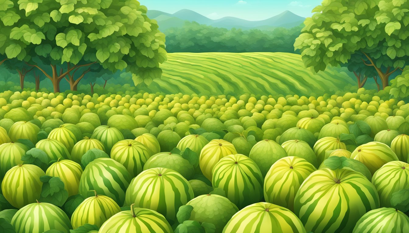 A lush watermelon field with vibrant yellow fruits of varying sizes and shapes