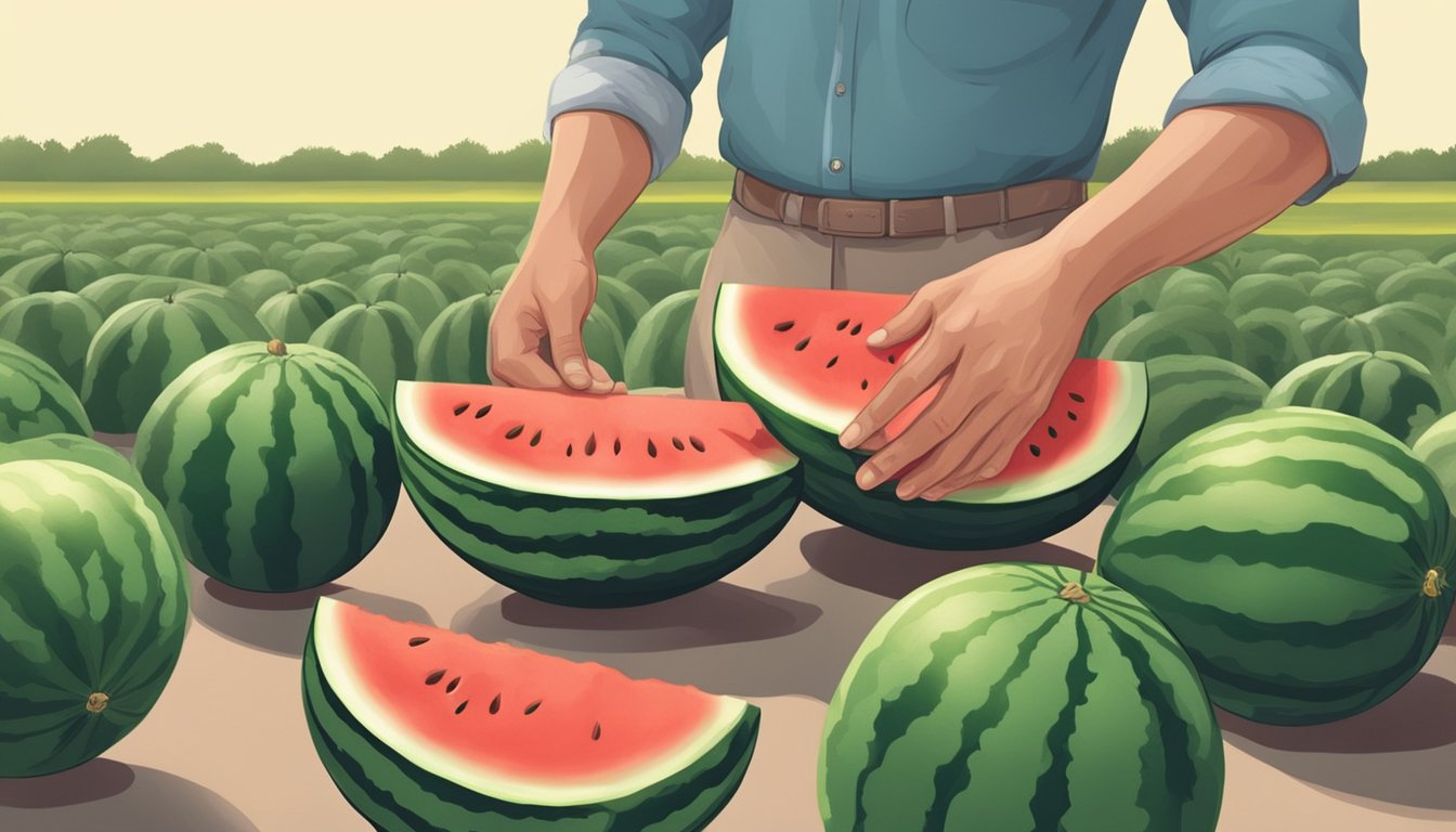 A hand knocking on a watermelon to test for ripeness, with other watermelons in the background