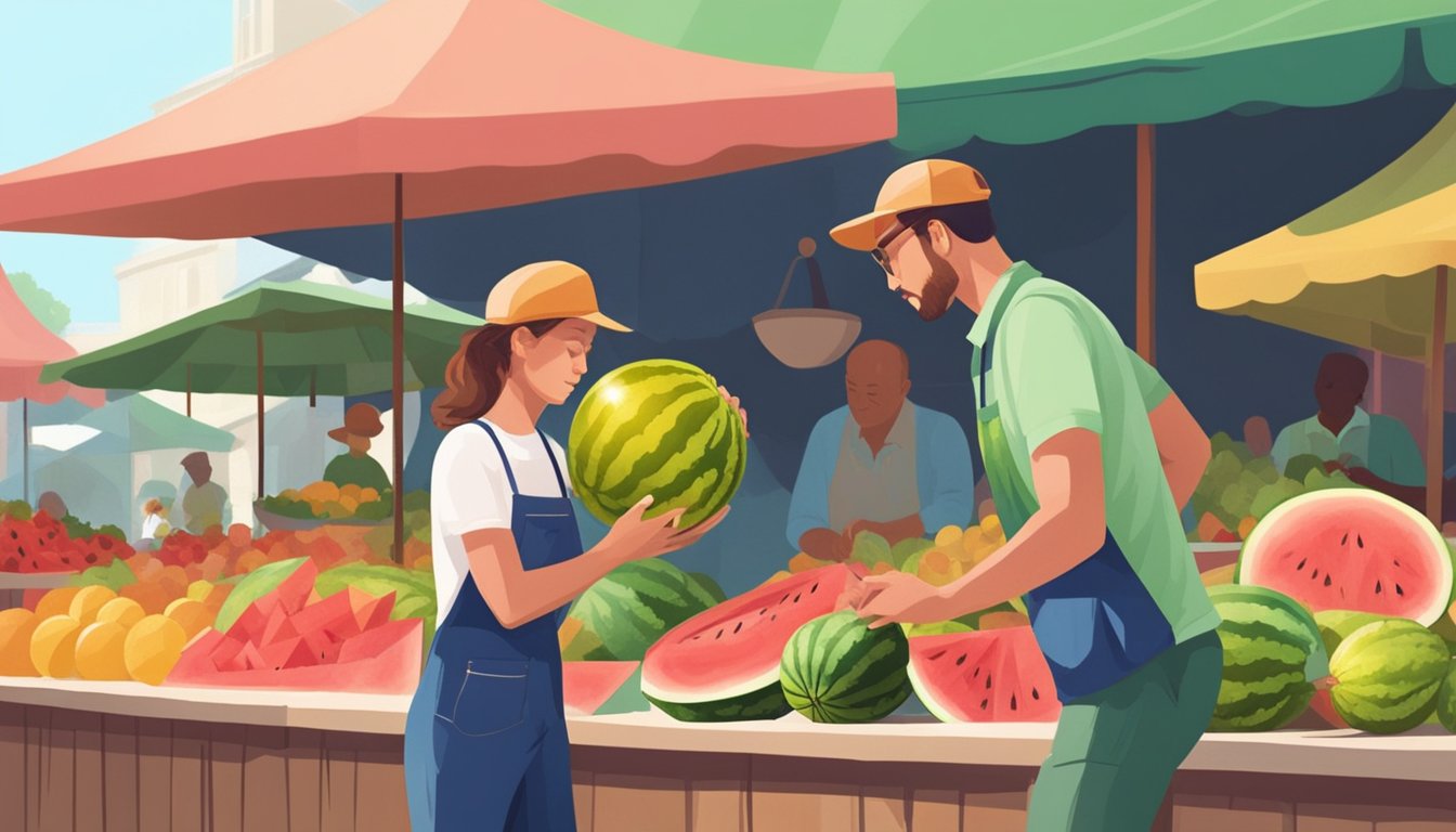 A person knocking on a watermelon to test its ripeness at a vibrant outdoor market