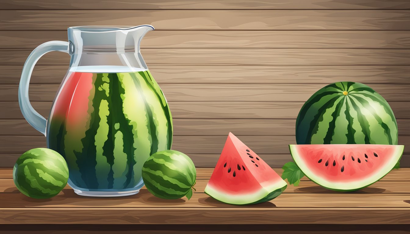 A watermelon ripe chart displayed on a rustic wooden table with a slice of juicy watermelon and a pitcher of water