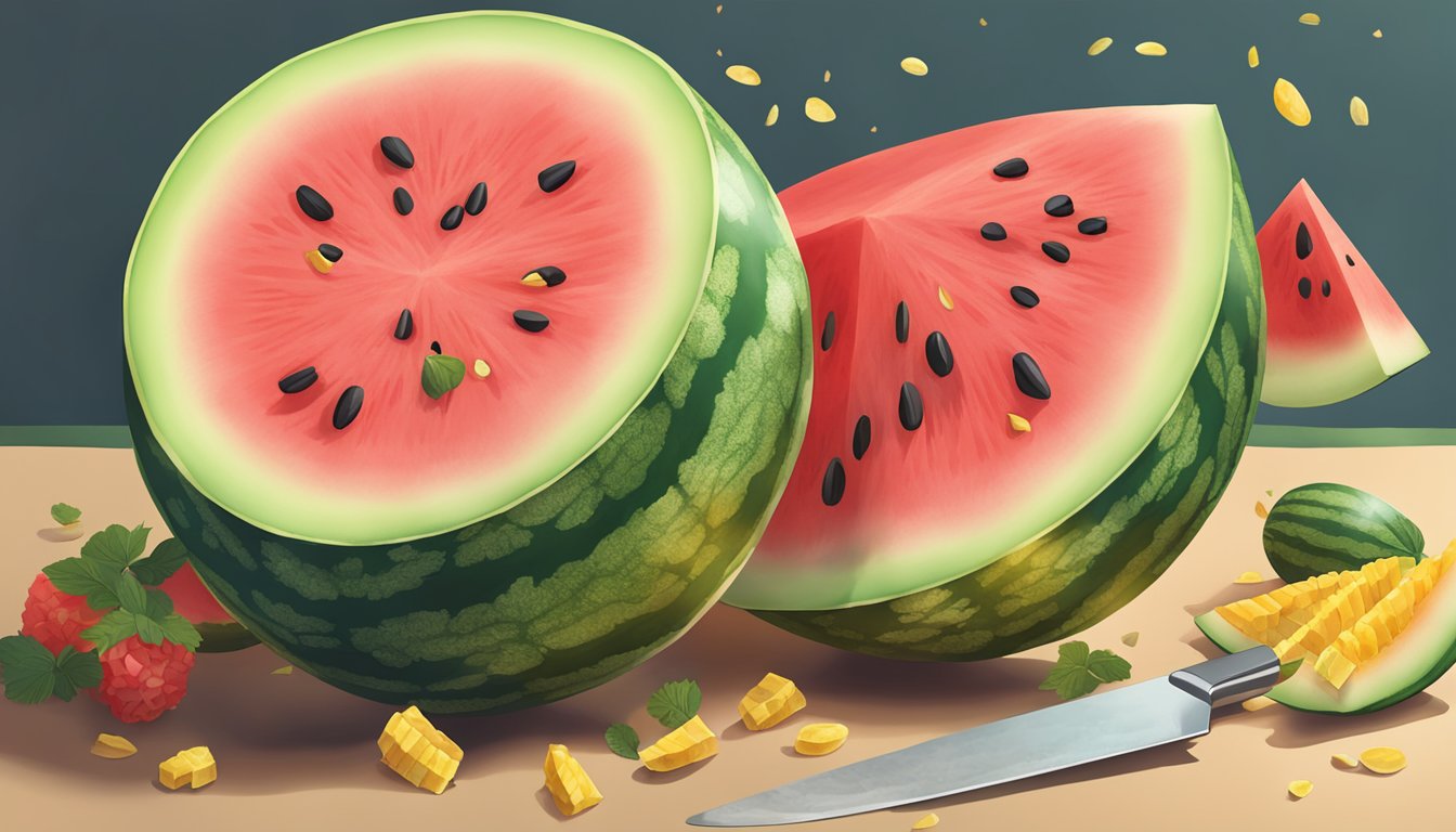 A watermelon being sliced open, revealing its vibrant yellow flesh, with seeds scattered around it