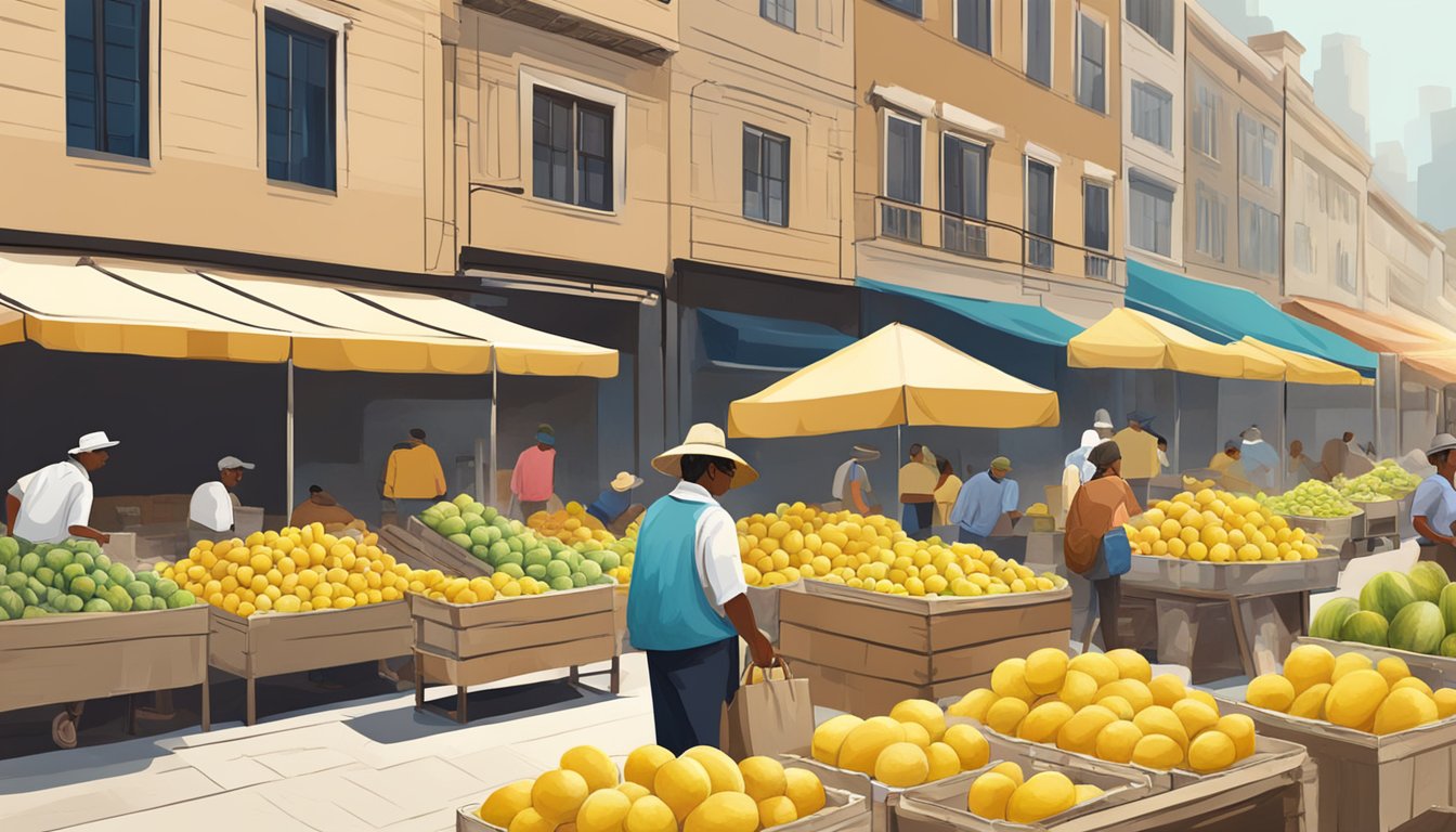 A vendor selling ripe, yellow watermelons at a bustling outdoor market