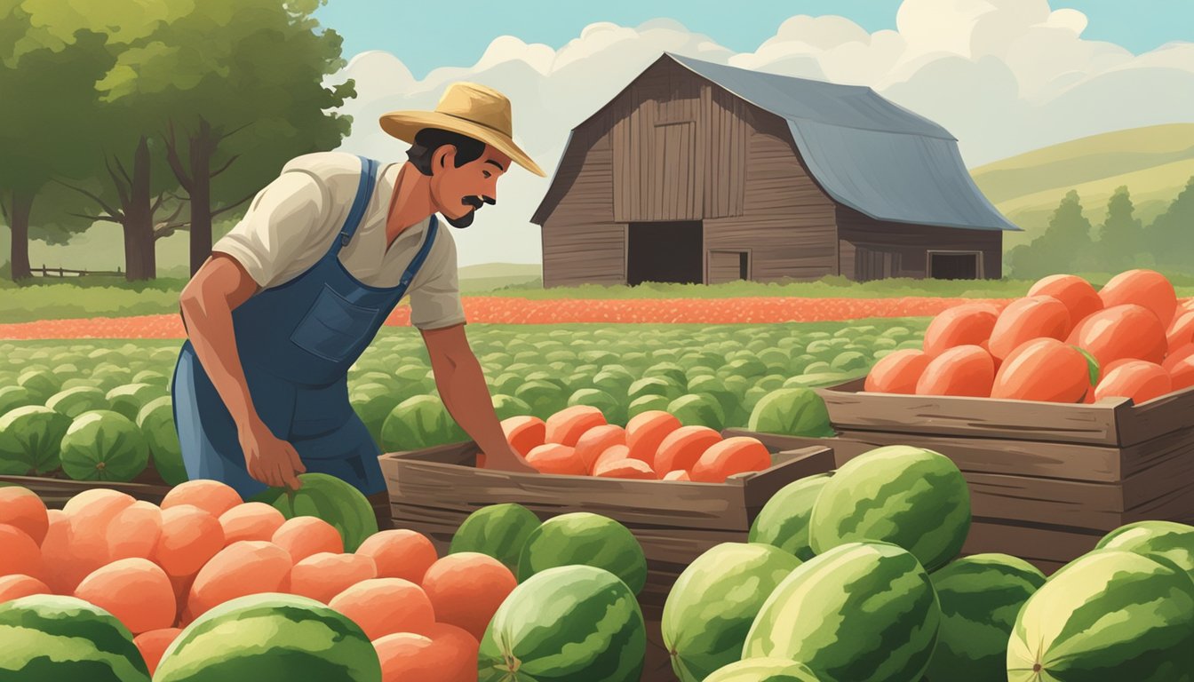 A farmer selecting ripe watermelons from a field, with a rustic barn in the background