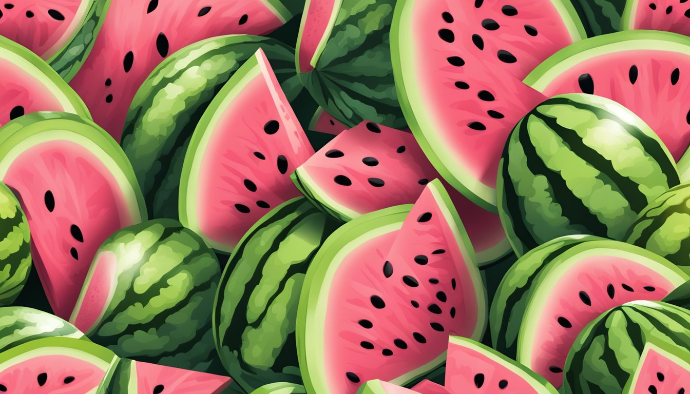 A watermelon sliced open, revealing its juicy pink flesh and black seeds, surrounded by vibrant green rind