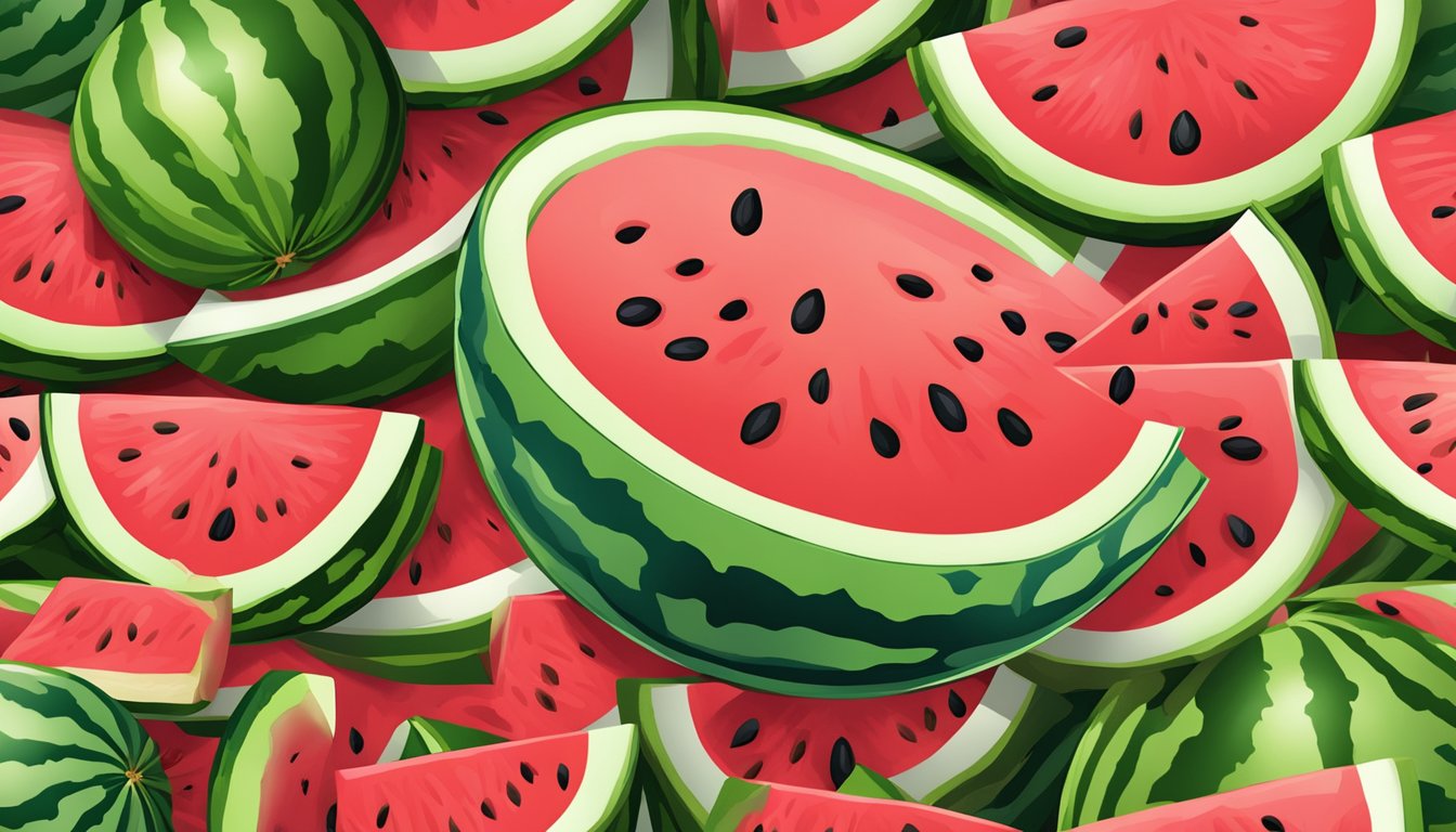 A colorful array of watermelon varieties, each sliced to reveal their vibrant red and green flesh, surrounded by scattered seeds and a few whole fruits