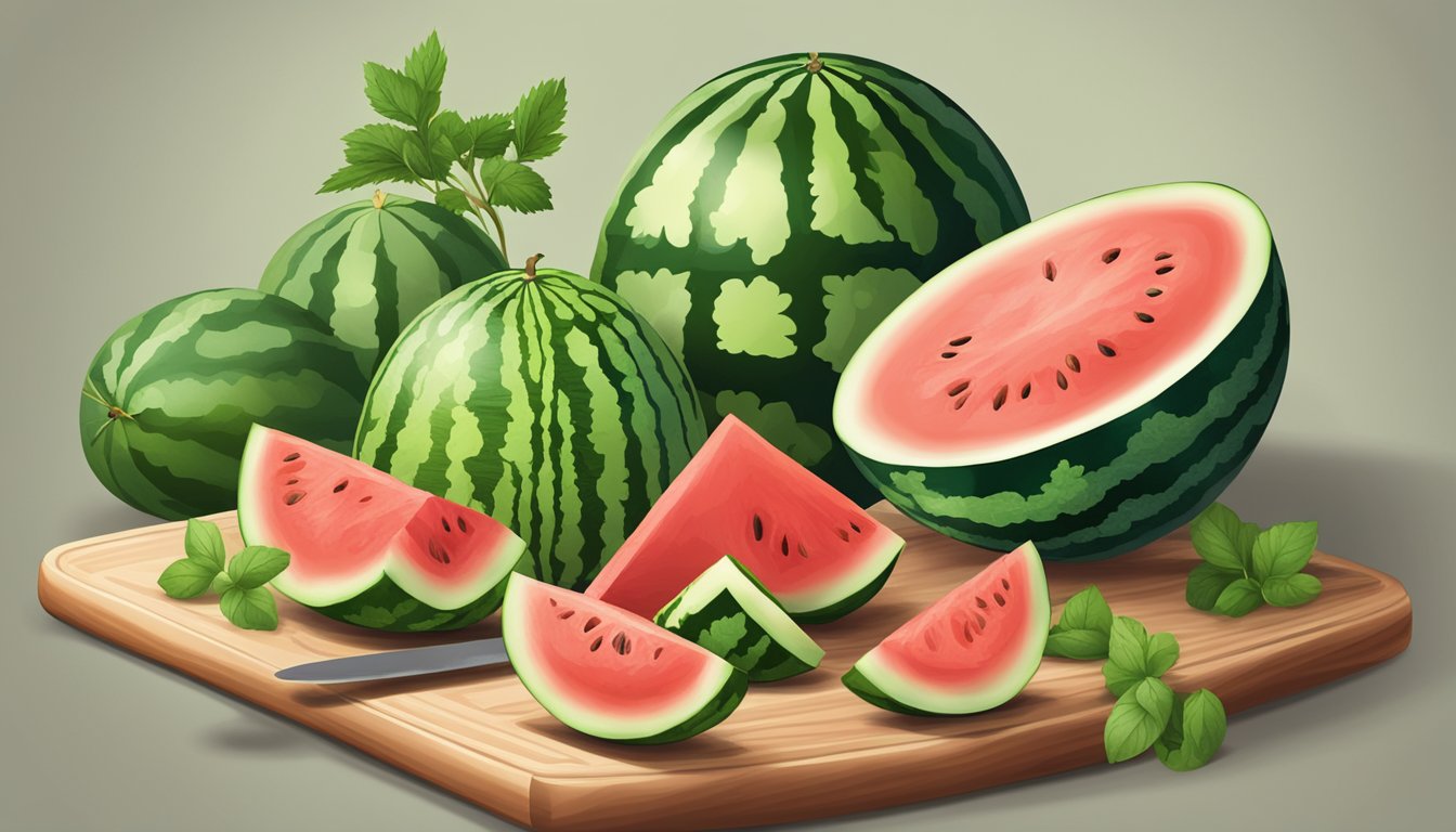 A variety of watermelons arranged on a wooden cutting board, surrounded by fresh herbs, a knife, and a bowl of diced fruit