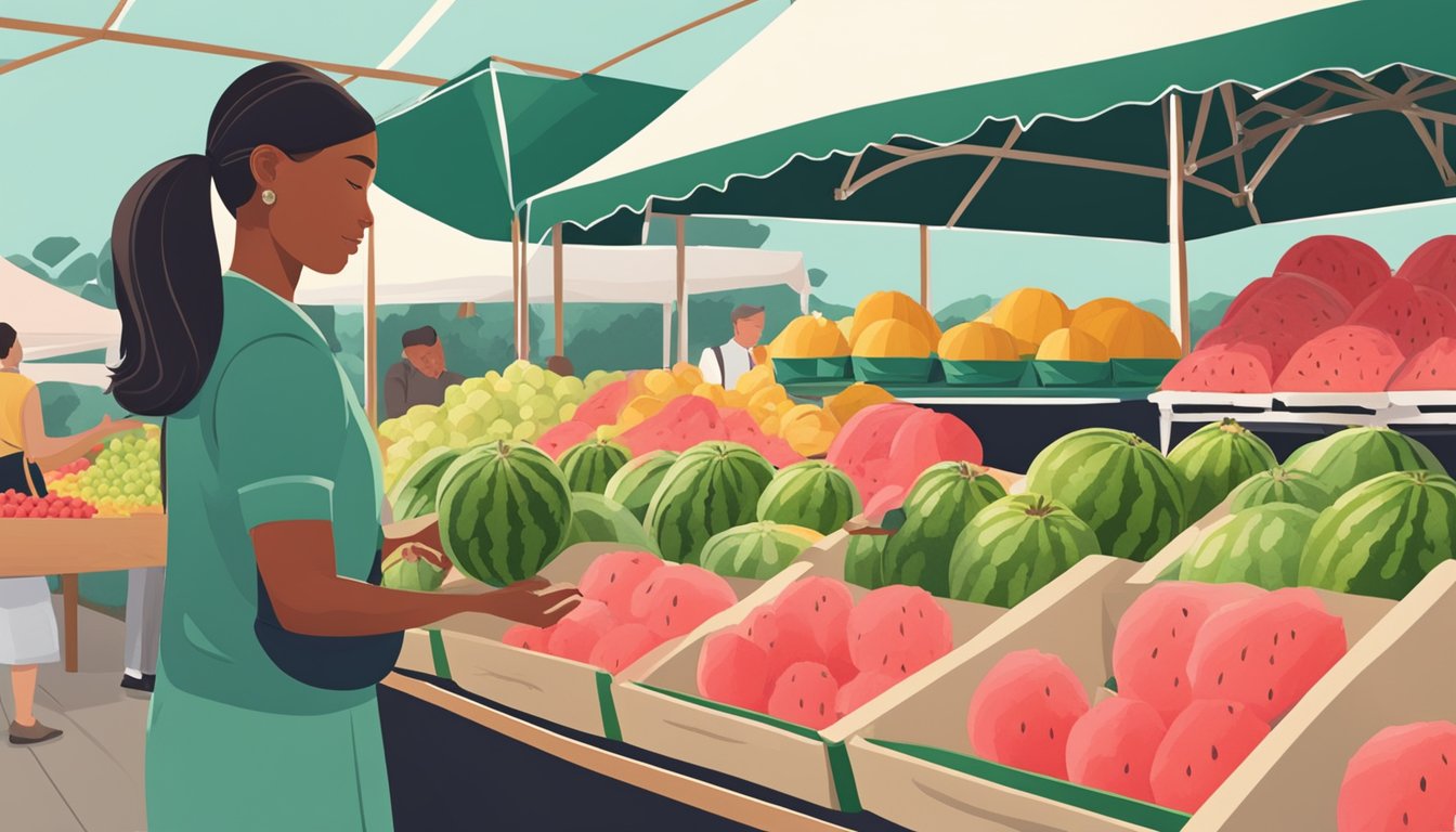 A person selecting a ripe watermelon from a display at a farmers' market