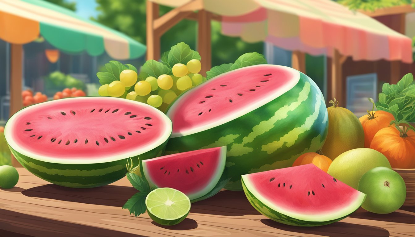 A ripe, juicy watermelon sits on a wooden table at a farmers' market, surrounded by other fresh fruits and vegetables. The sunlight highlights its vibrant green and pink colors, enticing customers with its seasonal availability and quality