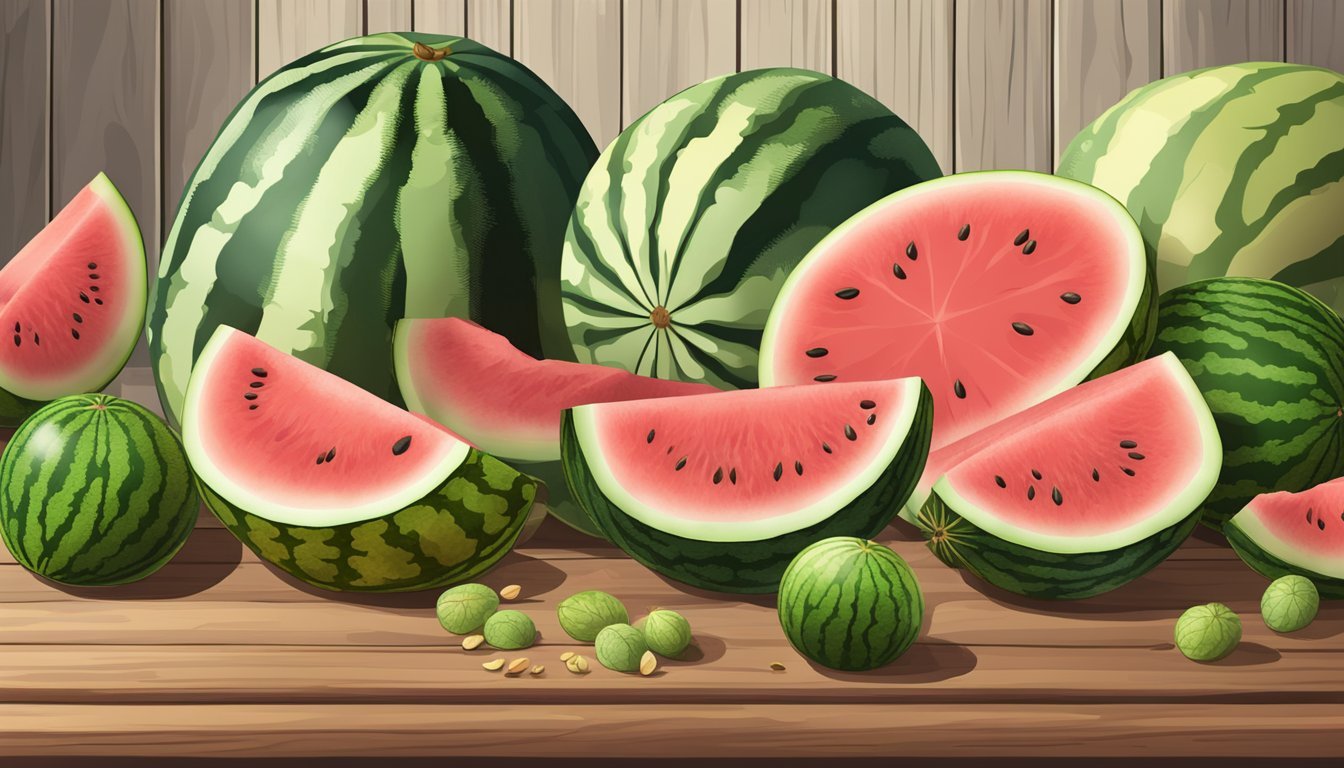 A variety of watermelons displayed on a wooden table, some whole and some cut open, with seeds and slices scattered around