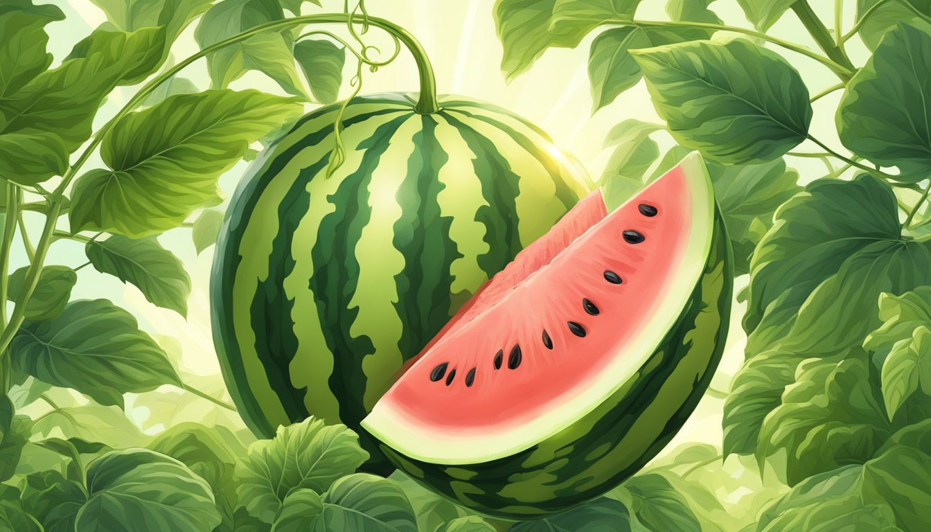 A ripe watermelon on the vine, surrounded by lush green leaves and twisting tendrils, with the sun casting a warm glow on the scene