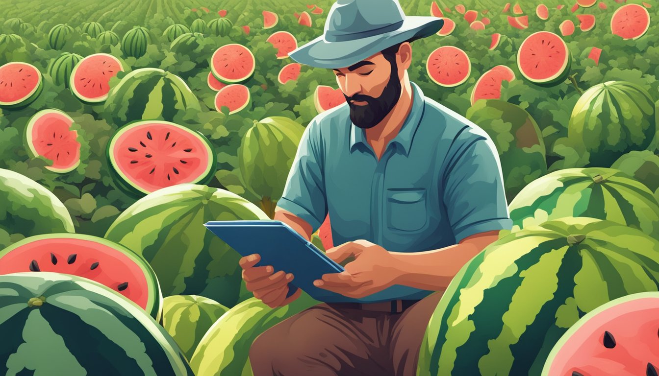 Lush watermelon fields with various colorful and uniquely shaped fruits growing on vines. A farmer examines different varieties with a clipboard in hand