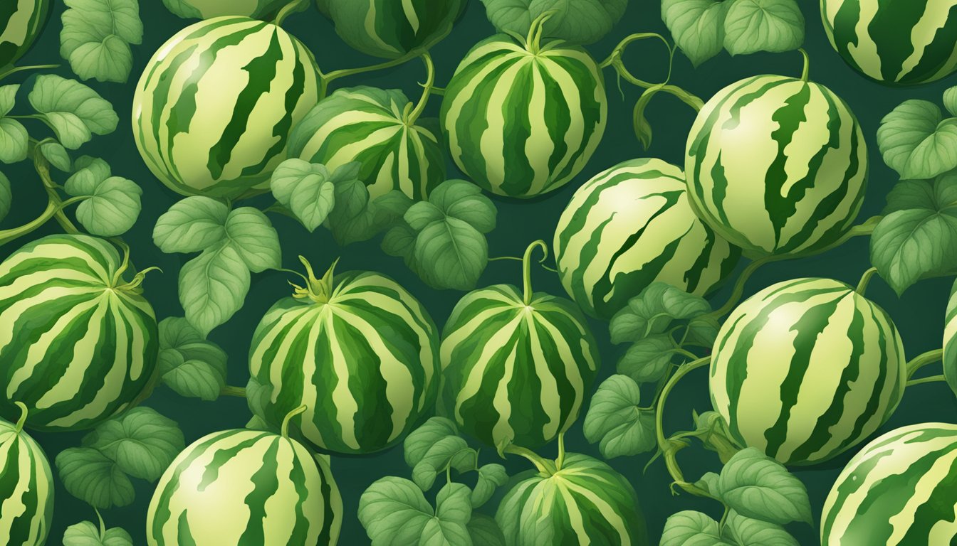 A lush green watermelon vine with large, round fruit and curling tendrils reaching out