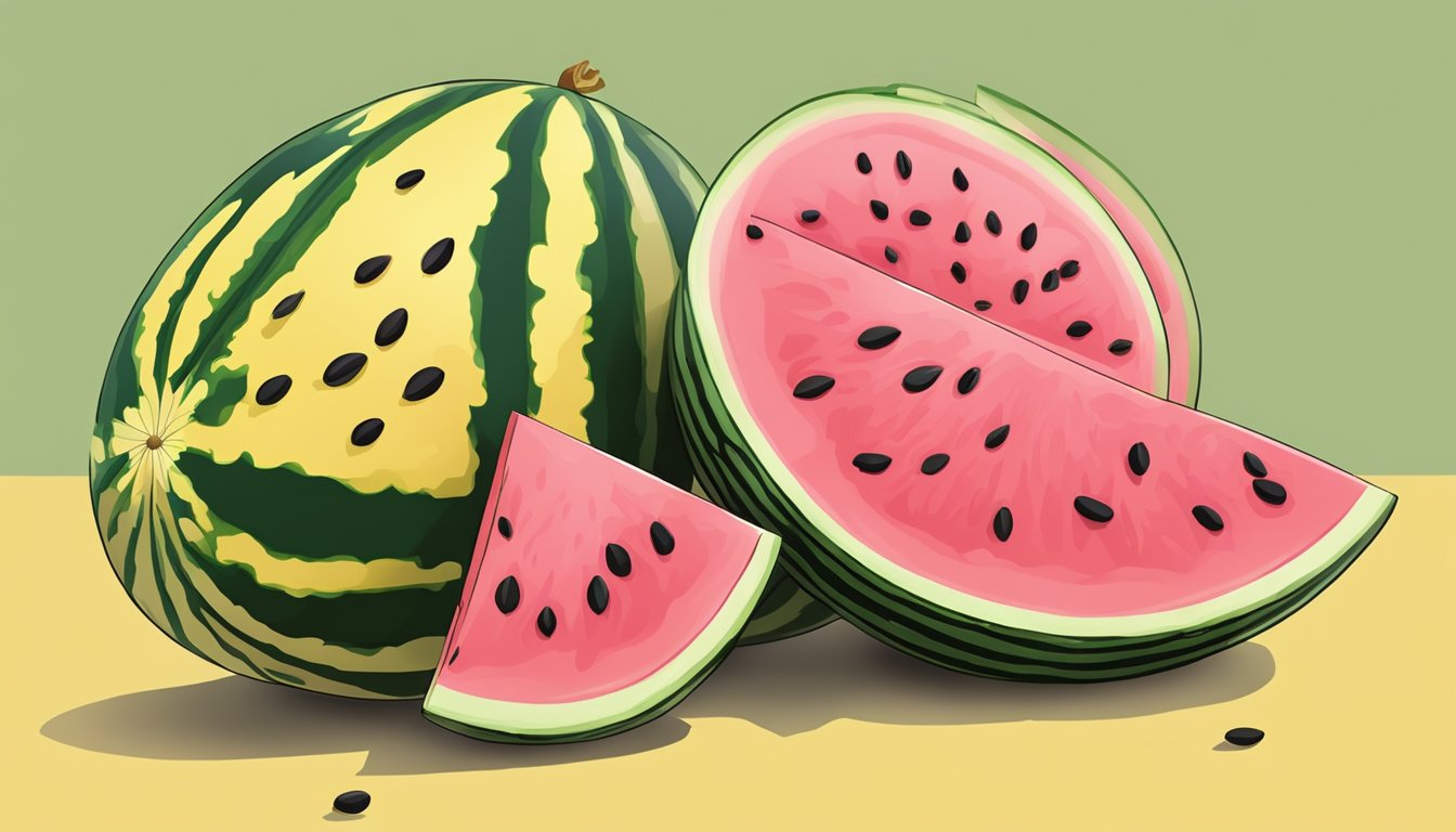 A ripe watermelon with a bright yellow rind, cut open to reveal the juicy pink flesh and black seeds inside