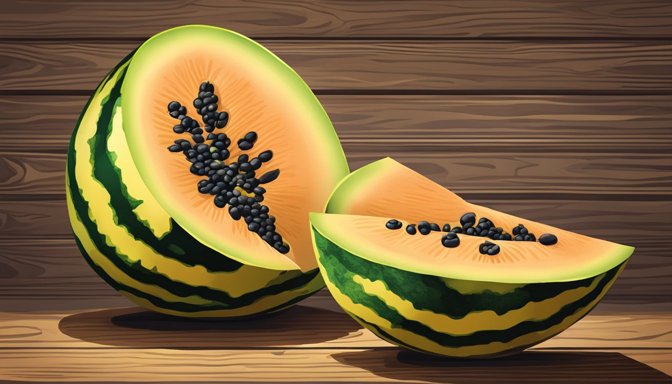 A ripe yellow watermelon sits on a wooden table, its vibrant exterior contrasting with the green stripes