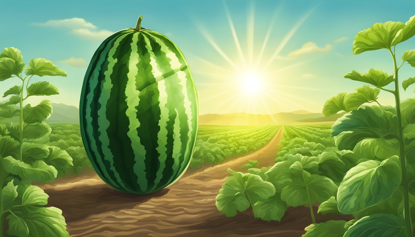 A lush green watermelon growing in a field under the bright sun